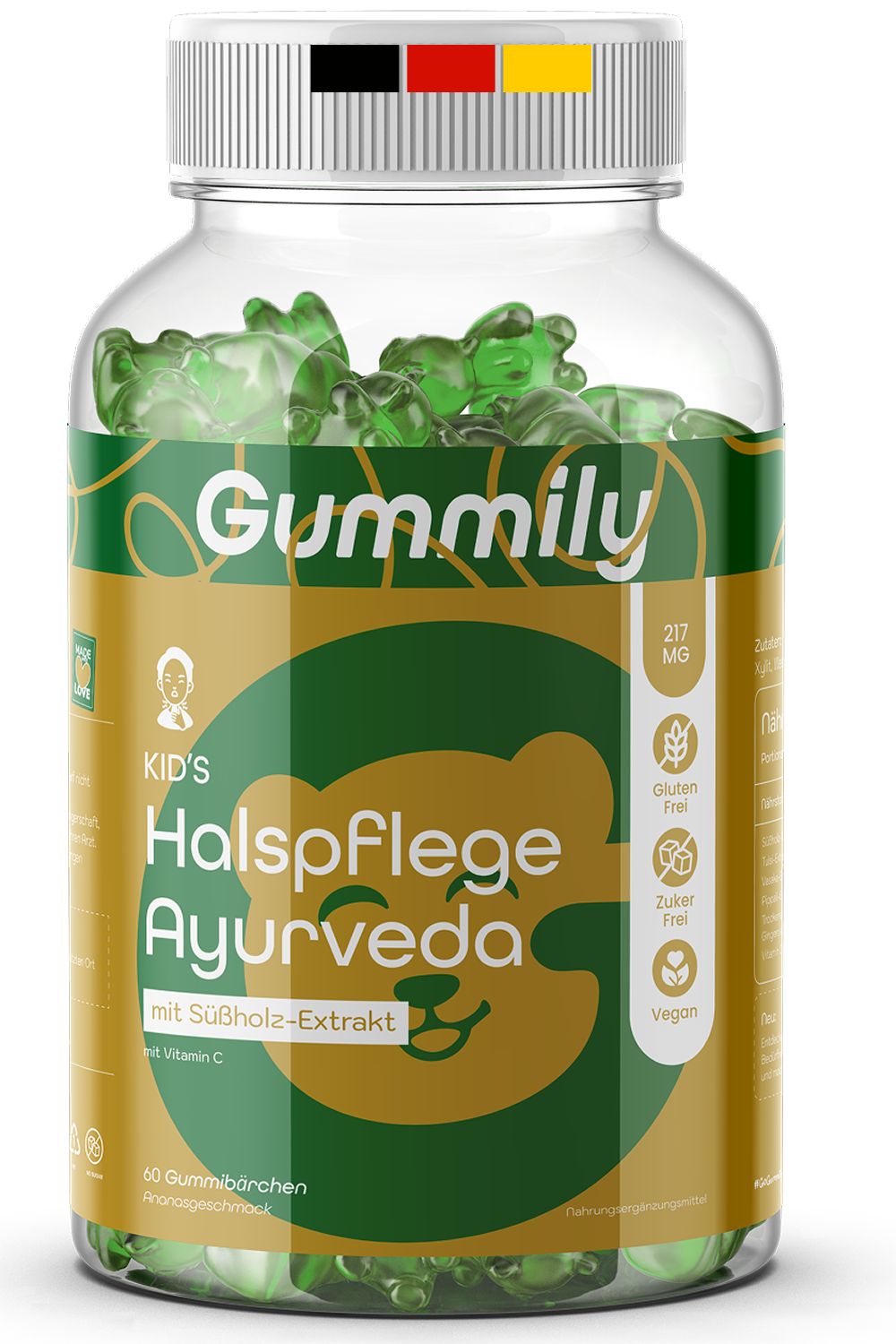 Klare Glasflasche mit grünen Gummibärchen. Etikett mit Gummily-Logo und Text: Halspflege Ayurveda. Glutenfrei, zuckerfrei, vegan.