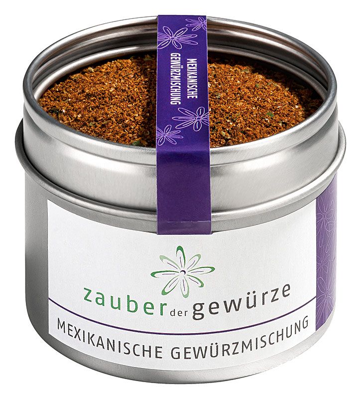 Gewürzmischung in Dose. Silberne Dose mit weißem Etikett und lila Band. Aufschrift: Zauber der Gewürze, Mexikanische Gewürzmischung.