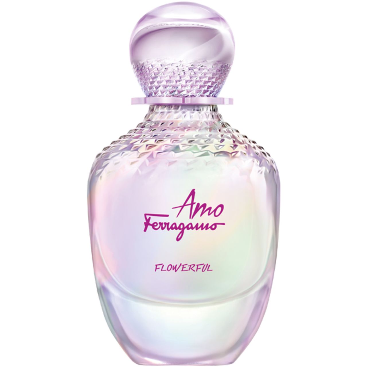 Parfümflasche mit silbernem Deckel und Schriftzug Amo Ferragamo Flowerful.