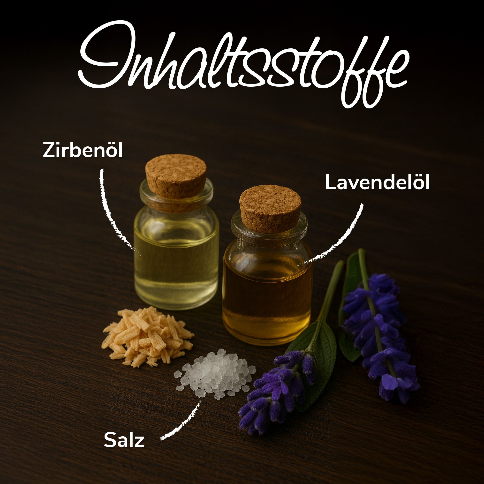 Zwei kleine Glasflaschen mit Korken, daneben Lavendelblüten, Salz und Kristalle. Beschriftung: Inhaltsstoffe.
