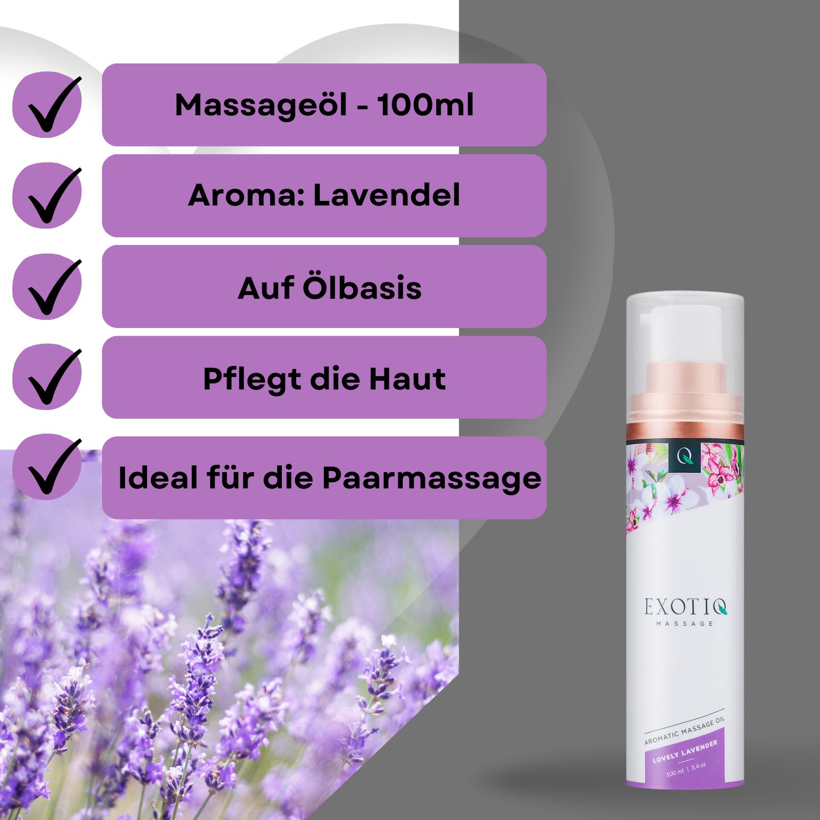 Produktpräsentation mit Checklisten. Massageölflasche neben Textfeldern mit Produktinformationen. Lavendel-Hintergrund.