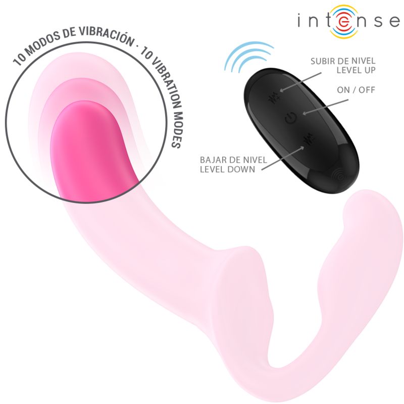 Rosa Doppelvibrator mit Fernbedienung. Text: '10 Modos de vibración'. Fernbedienung mit Tasten: 'Subir de nivel', 'On/Off', 'Bajar de nivel'.