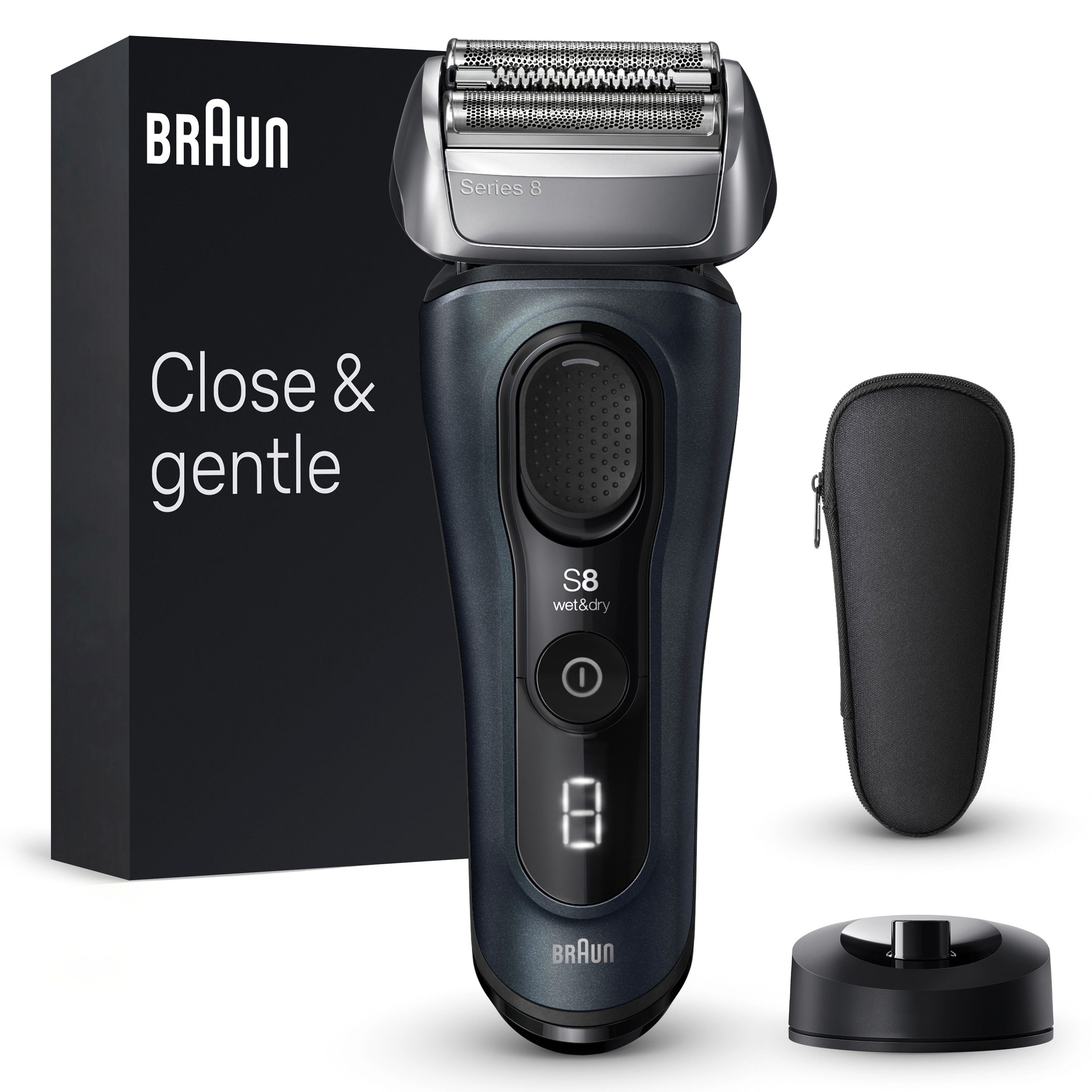 Elektrorasierer Braun Series 8, grau. Mit Ladestation, Etui und Verpackung. Auf dem Rasierer ist die Anzeige "8" sichtbar.
