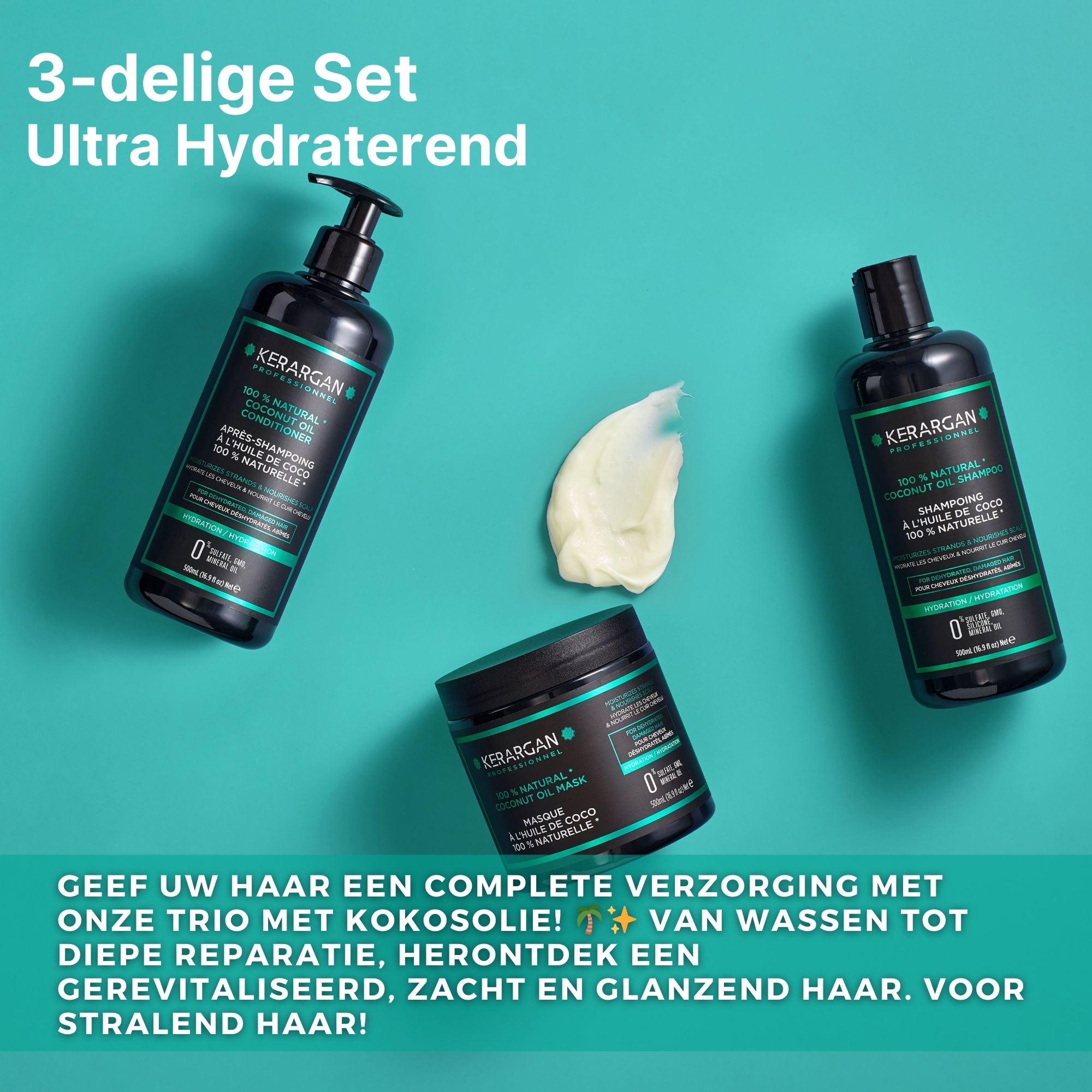 Drie producten op blauwe achtergrond. Kerargan Trio met kokosolie. Shampoo, conditioner en masker. Tekst: Ultra Hydraterend.