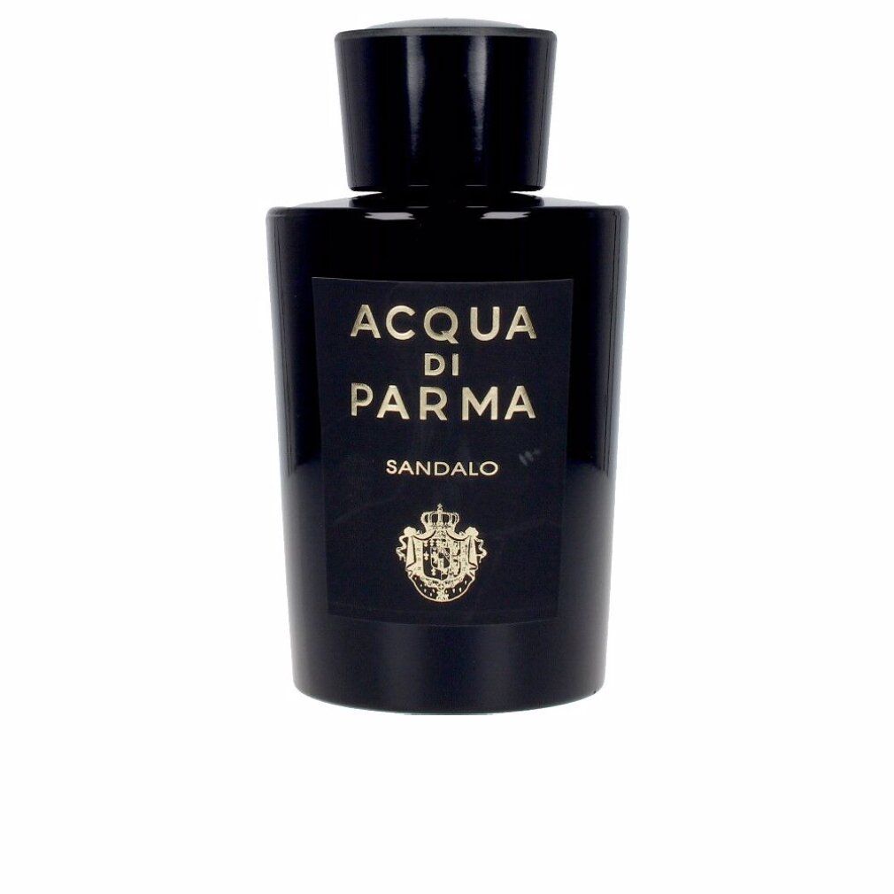 Schwarze Flasche mit schwarzem Verschluss. Aufschrift: Acqua di Parma Sandalo, Logo.