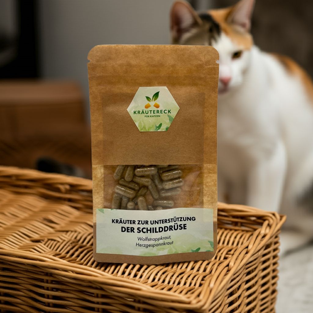 Braune Papierverpackung mit Sichtfenster und Kapseln. Aufschrift: Kräuter zur Unterstützung der Schilddrüse. Katze im Hintergrund auf Korb.