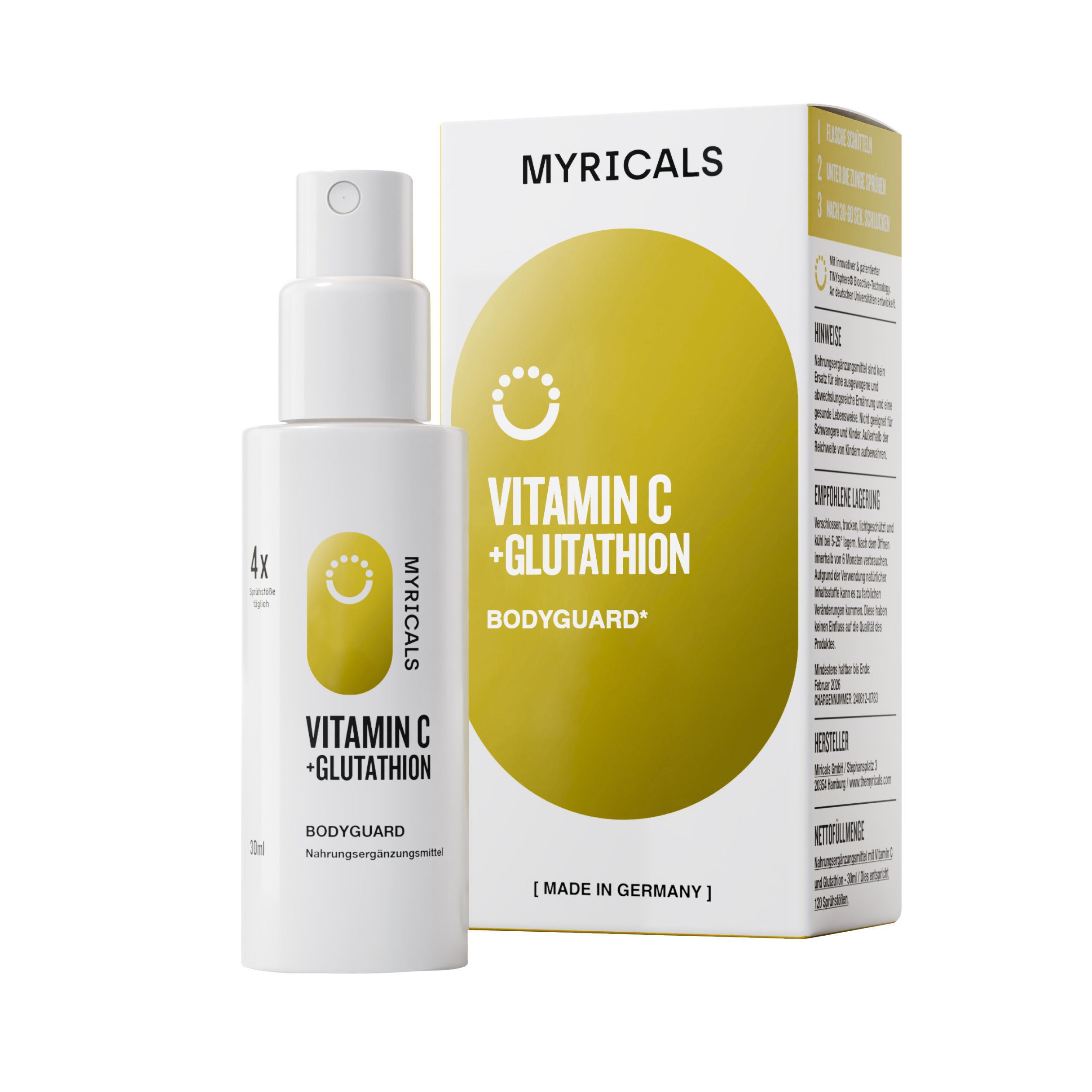 Produktverpackung von MYRICALS VITAMIN C + GLUTATHION. Weiße Flasche und Schachtel. Aufschrift: VITAMIN C + GLUTATHION.