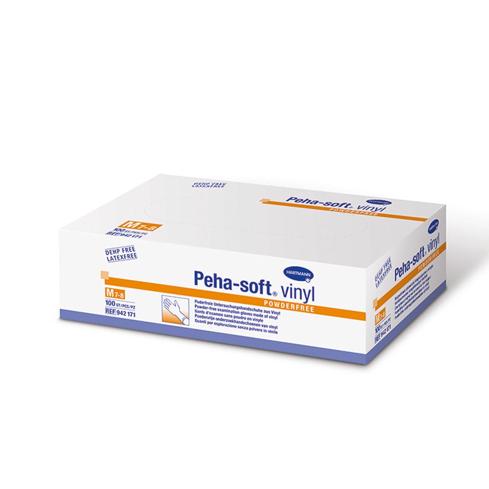 Weißer Karton mit Peha-soft. vinyl, powderfree. Größe M 7-8, 100 Stück. Latex- und puderfrei. Hartmann Logo.