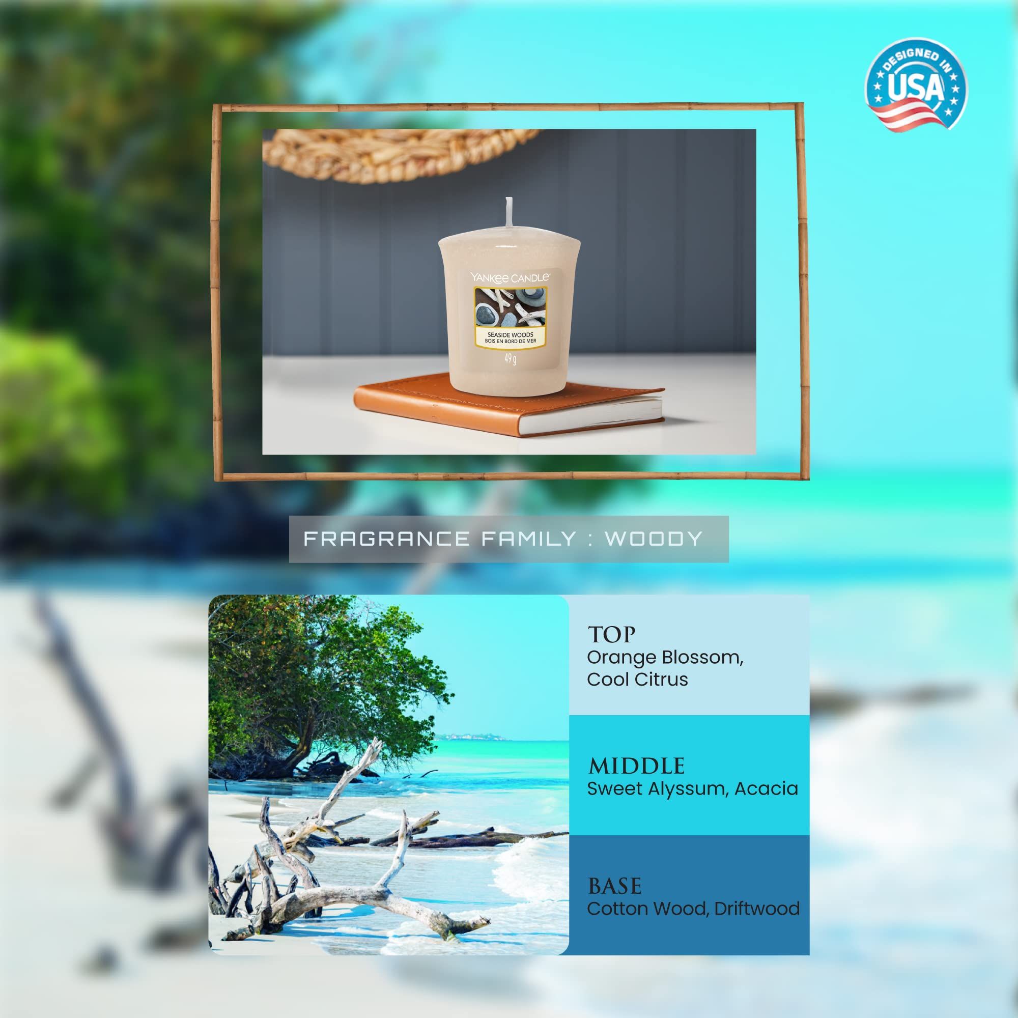 Kerze auf Buch, umgeben von Rahmen. Text: Fragrance Family: Woody. Inhaltsstoffe: Orange Blossom, Cool Citrus, etc.