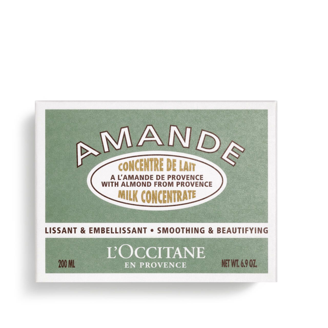 Grüne Verpackung mit Aufschrift AMANDE, CONCENTRE DE LAIT, MILK CONCENTRATE. Marke L'Occitane, 200 ml.