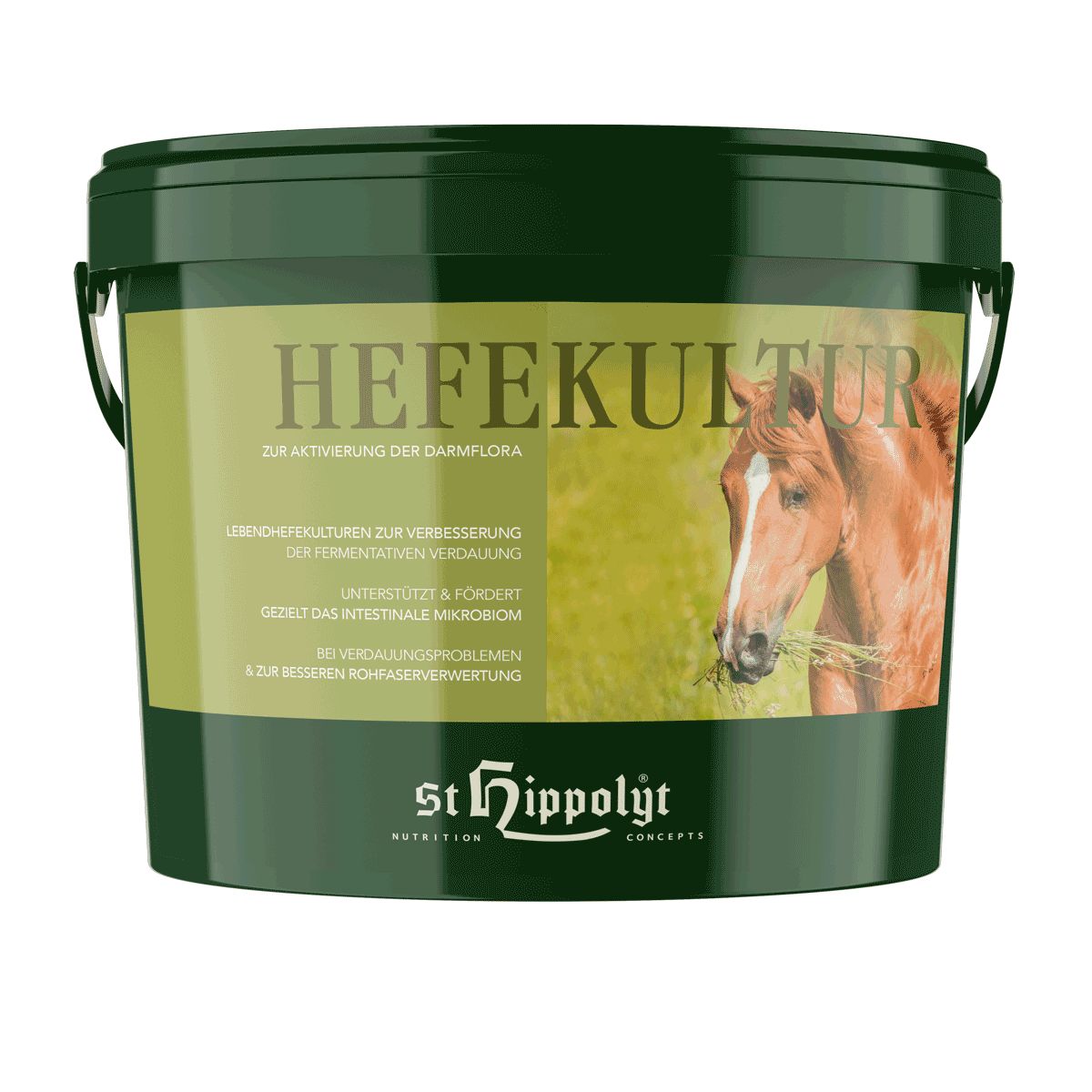 Grüner Eimer mit Aufschrift HEFEKULTUR und Pferdeabbildung. St. Hippolyt Logo.