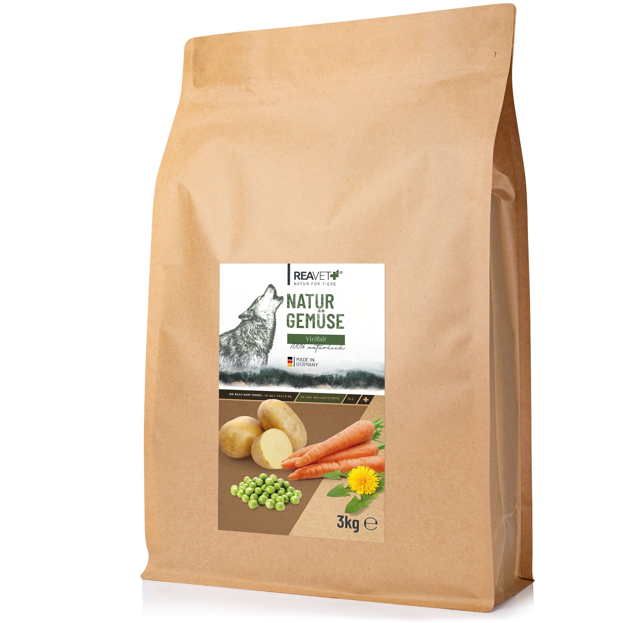 Braune Papiertüte mit Etikett. Etikett zeigt "ReaVET Natur Gemüse" mit Kartoffeln, Karotten, Erbsen und Löwenzahn. 3kg-Angabe.
