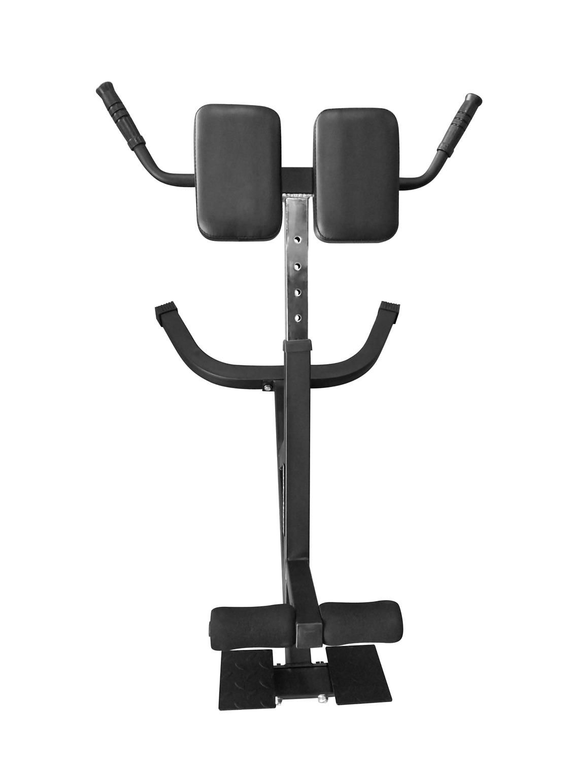 Rückentrainer, schwarz. Gepolsterte Auflage, Haltegriffe und Fußstützen. Höhenverstellbar. Metallrahmen.
