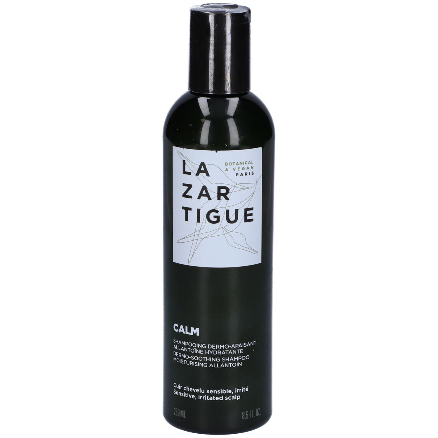 Flacone di shampoo LAZARTIGUE CALM. Flacone verde scuro con tappo nero. Etichetta bianca con logo e informazioni sul prodotto. Testo: Calm.