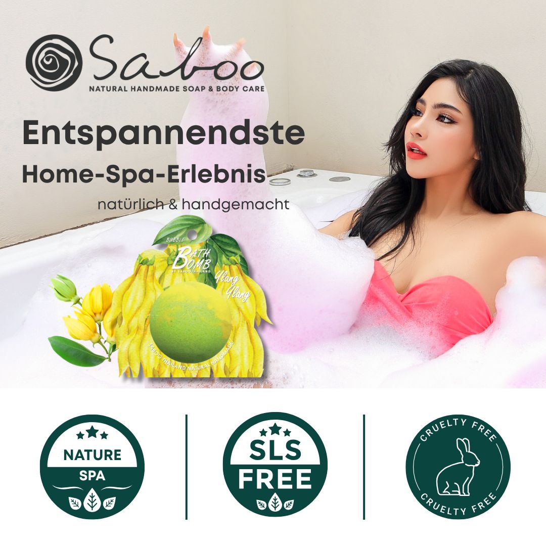 Frau in Badewanne mit Schaum. Text: SABOO, natürlich & handgemacht. Logos: Nature Spa, SLS Free, Cruelty Free.