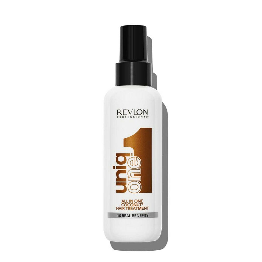 Weißes Spray mit schwarzem Sprühkopf. Aufschrift: Revlon Professional Uniq One All in One Coconut Hair Treatment.