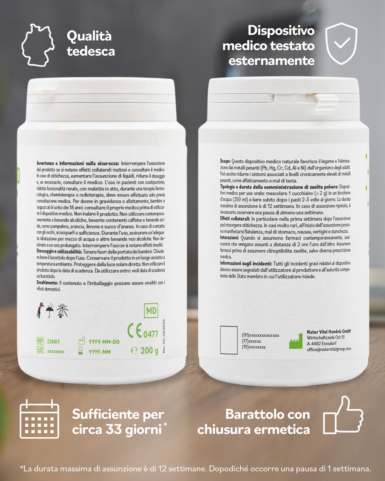Due lati del barattolo bianco "ZeolithMED". Informazioni in italiano. Contiene informazioni su uso, dosaggio, effetti collaterali e avvertenze. Dispositivo medico, 200g, sufficiente per circa 33 giorni.