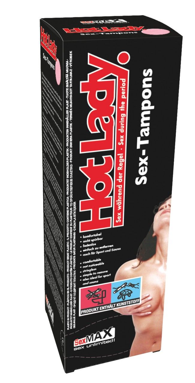 Verpackung JOYDIVISION SexMAX Hot Lady Sex-Tampons, mit Siegeln und Text.