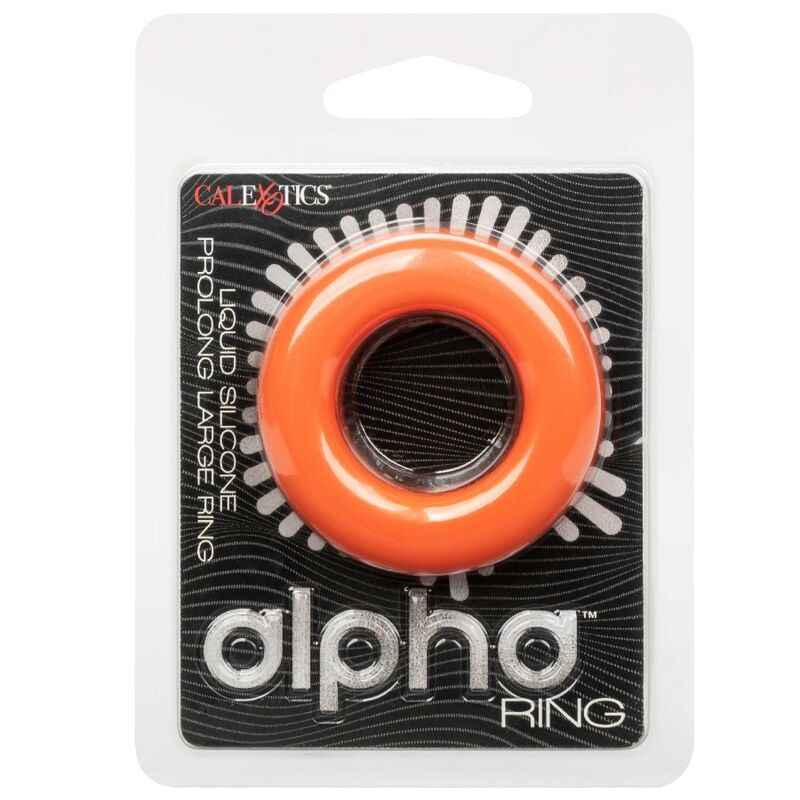 Verpackung mit orangefarbenem Ring. Produktname: Alpha Ring. Marke: CalExotics. Aus Silikon.