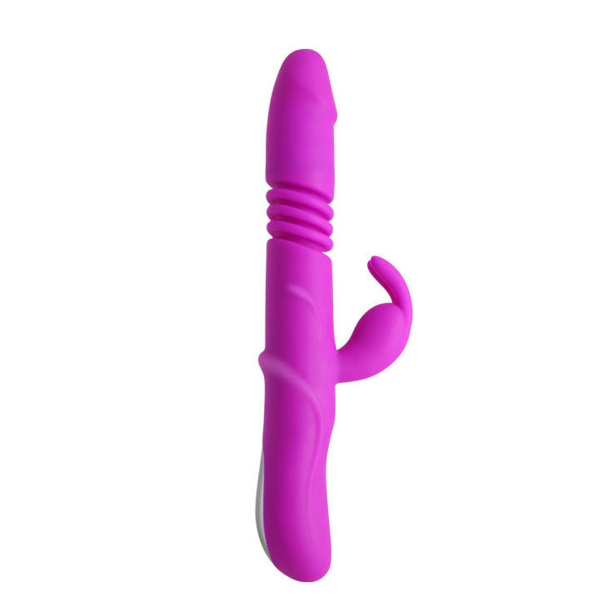 Lila Vibrator mit geriffelter Oberfläche, gebogener Spitze und seitlichem Element. Drei Knöpfe am Griff.