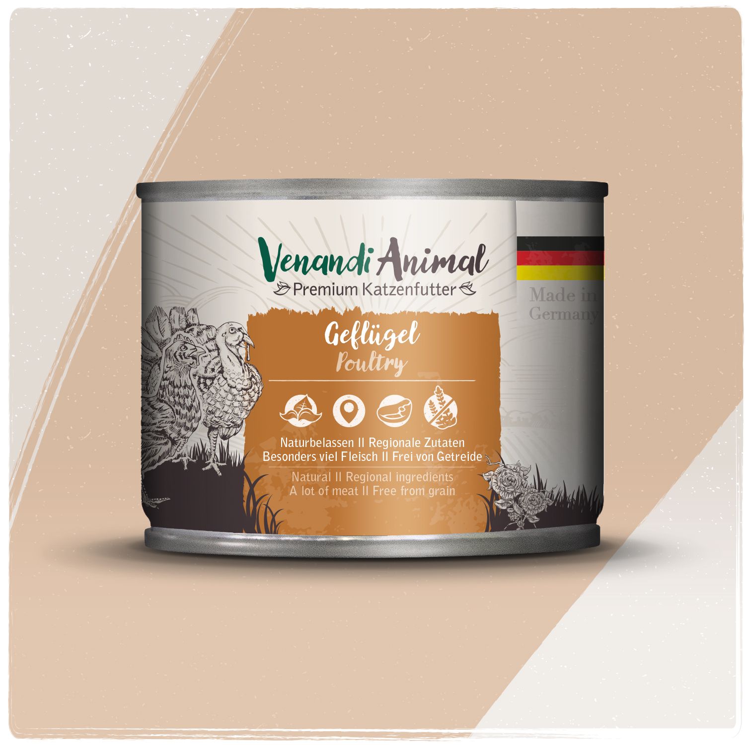 Dose Venandi Animal Premium Katzenfutter Geflügel Poultry mit Abbildungen von Truthähnen und Symbolen für natürliche, regionale Zutaten.