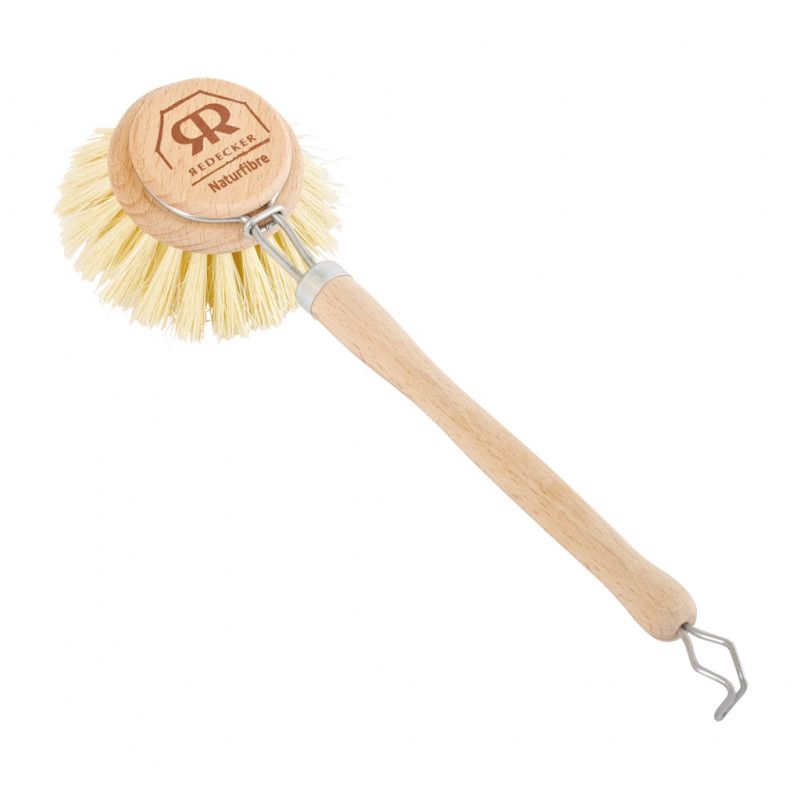 Spülbürste mit Holzgriff und Naturfaserborsten. Auf dem runden Bürstenkopf ist das Logo von Redecker zu sehen.