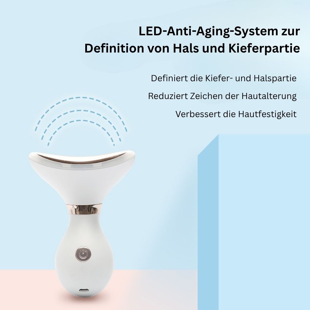 Weißes Hals- und Kinnlinie-Definer LED-Gerät. Text: LED-Anti-Aging-System. Definition von Hals und Kieferpartie.