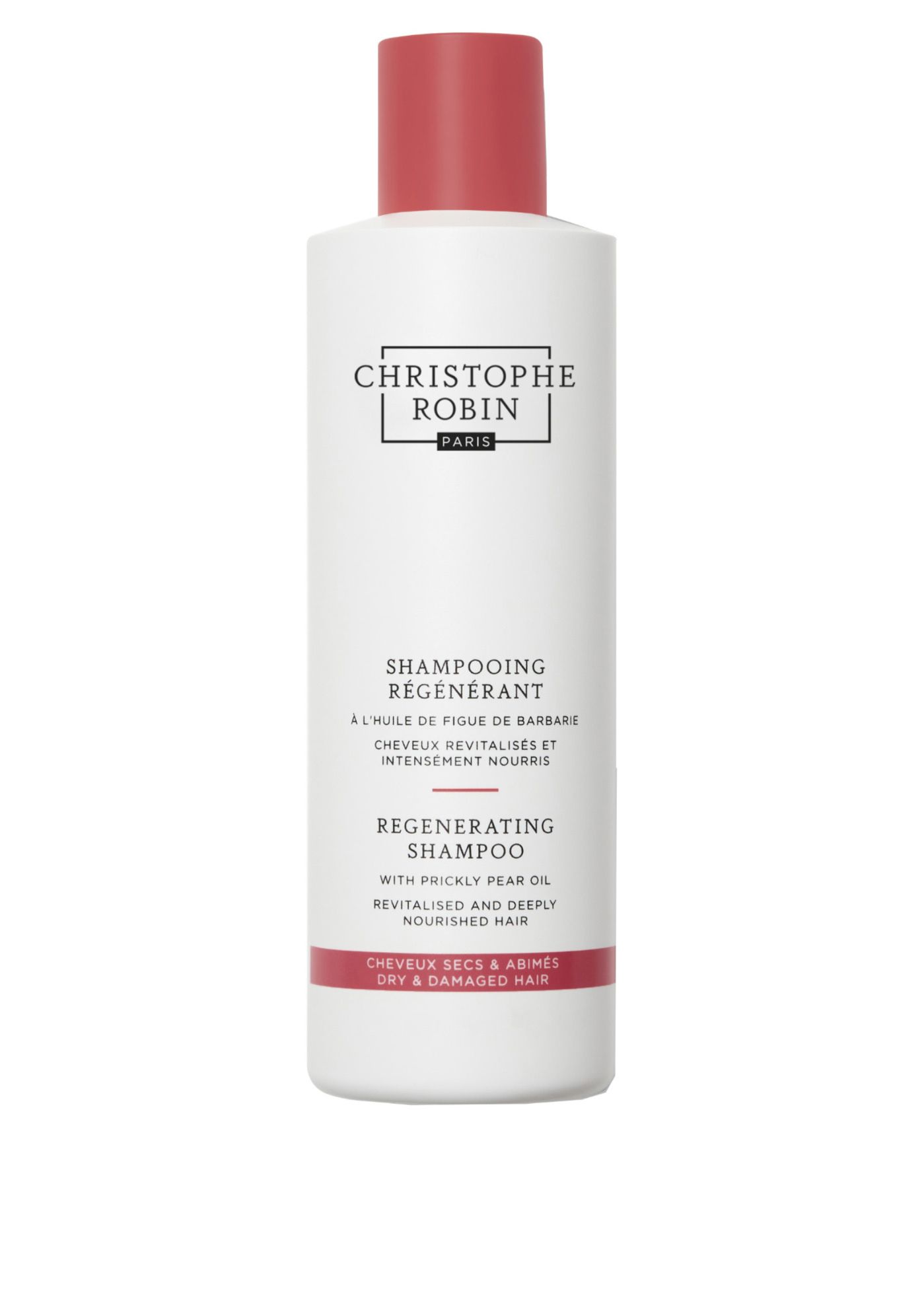 Weiße Flasche mit rotem Verschluss. Aufschrift: CHRISTOPHE ROBIN PARIS, SHAMPOOING REGENERANT, REGENERATING SHAMPOO.