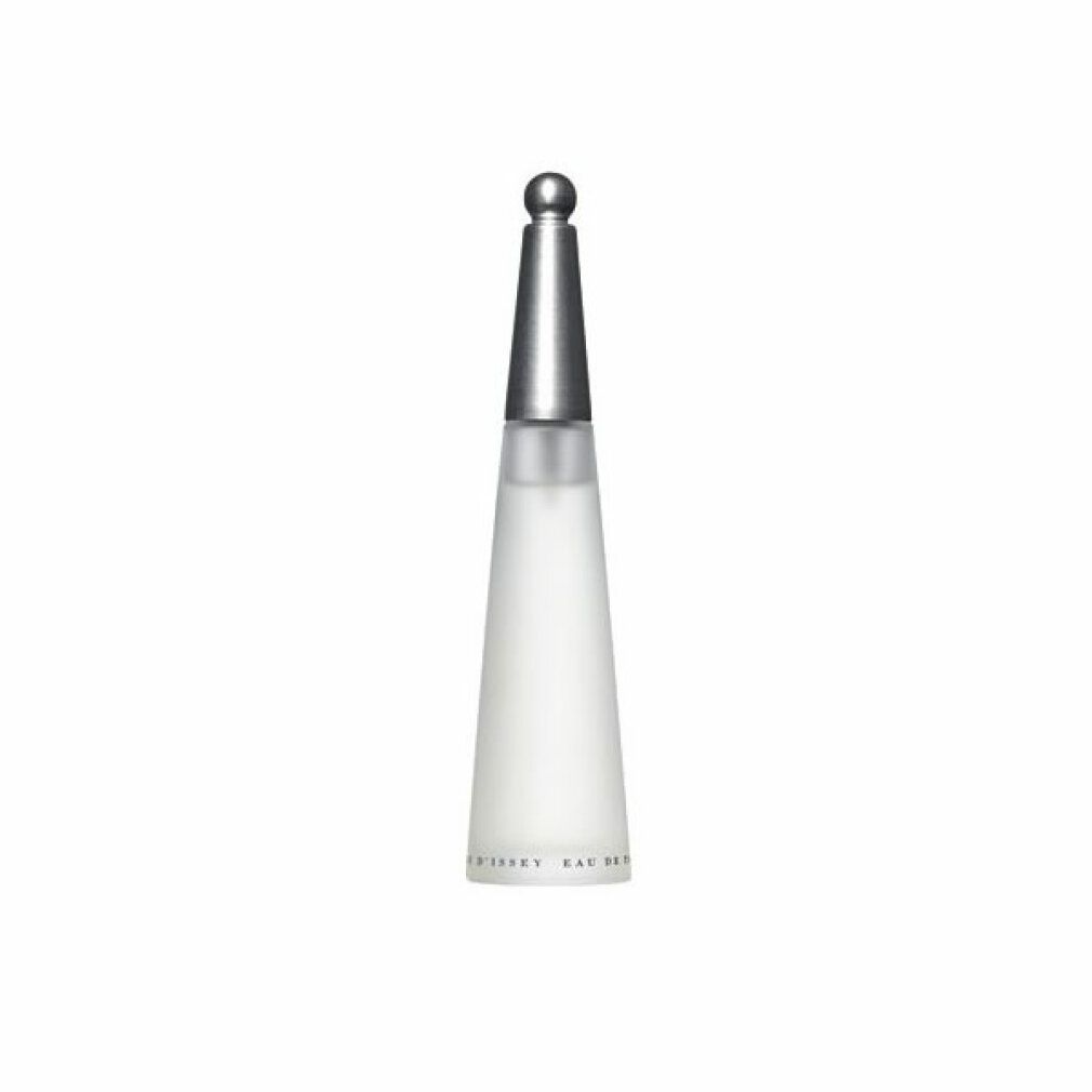 Konische Parfümflasche, mattiertes Glas, silberner Verschluss. L'Eau d'Issey-Logo unten.