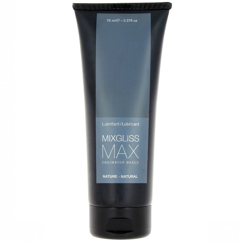 Schwarze Tube mit grauer Beschriftung. Aufschrift: MIXGLISS MAX, Wasserbasis. Oben: 70 ml. Unten: NATURE - NATURAL.