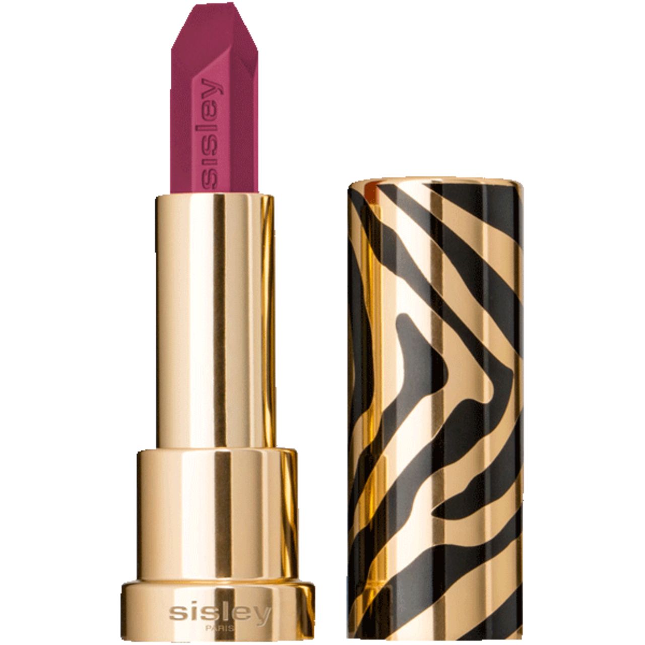 Lippenstift mit goldfarbenem Gehäuse und Zebrastreifenmuster. Der Lippenstift ist geöffnet und zeigt eine burgunderrote Spitze. Marke: Sisley.