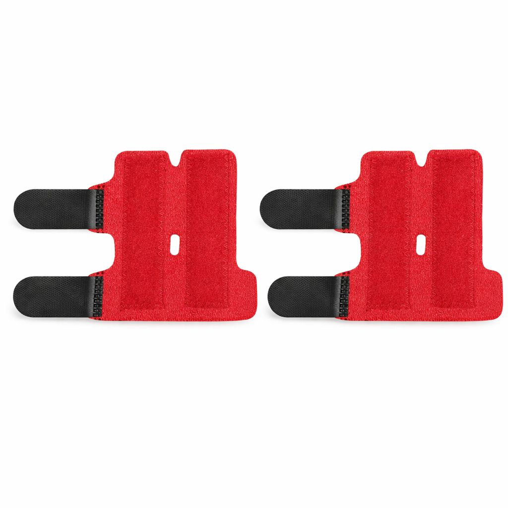 Zwei rote Fingerschiene. Mit Klettverschlüssen und Metallschienen.