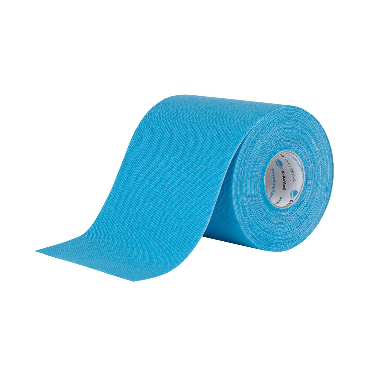 Blaues Kinesiologie-Tape, aufgerollt. Aufschrift auf der Rolle: K-Active.