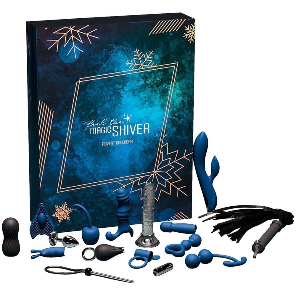 Adventskalender mit blauen und schwarzen Sexspielzeugen. Aufschrift: Feel the Magic Shiver. Verschiedene Formen und Größen.