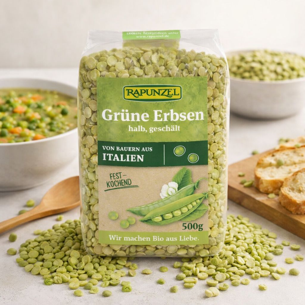 Rapunzel Grüne Erbsen, halb, geschält, 500g Beutel. Festkochend, von Bauern aus Italien.