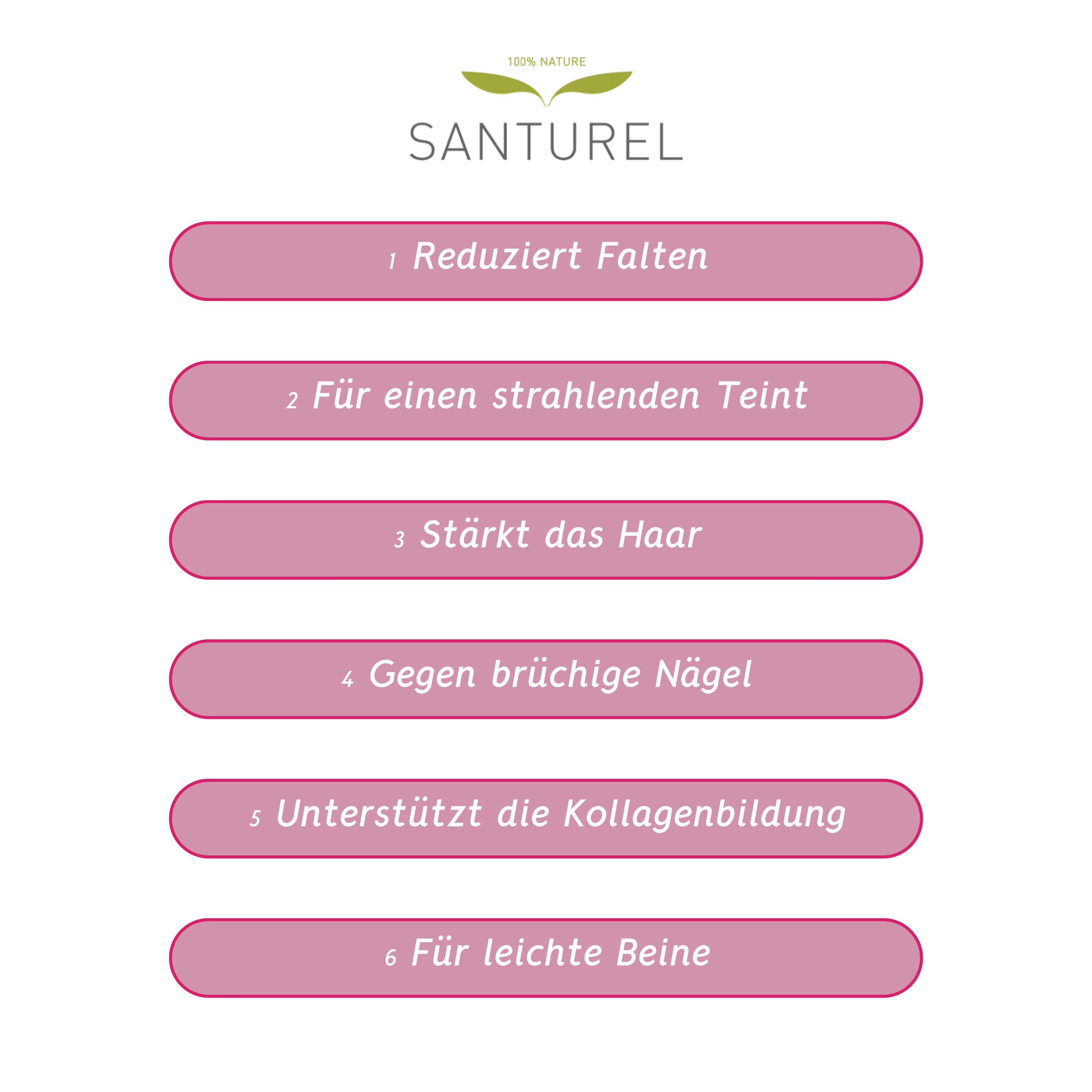 Liste mit 6 Vorteilen von Collagen Beauty: Reduziert Falten, für strahlenden Teint, stärkt das Haar, gegen brüchige Nägel, unterstützt Kollagenbildung, für leichte Beine.