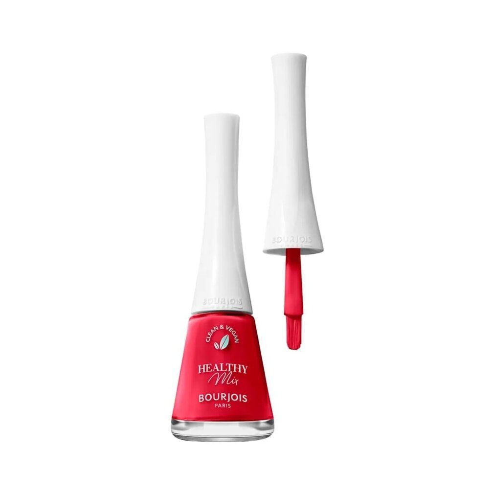 Nagellackflasche, rot, mit geöffnetem Deckel und Pinsel. Aufschrift: Healthy Mix, Bourjois. Clean & Vegan.