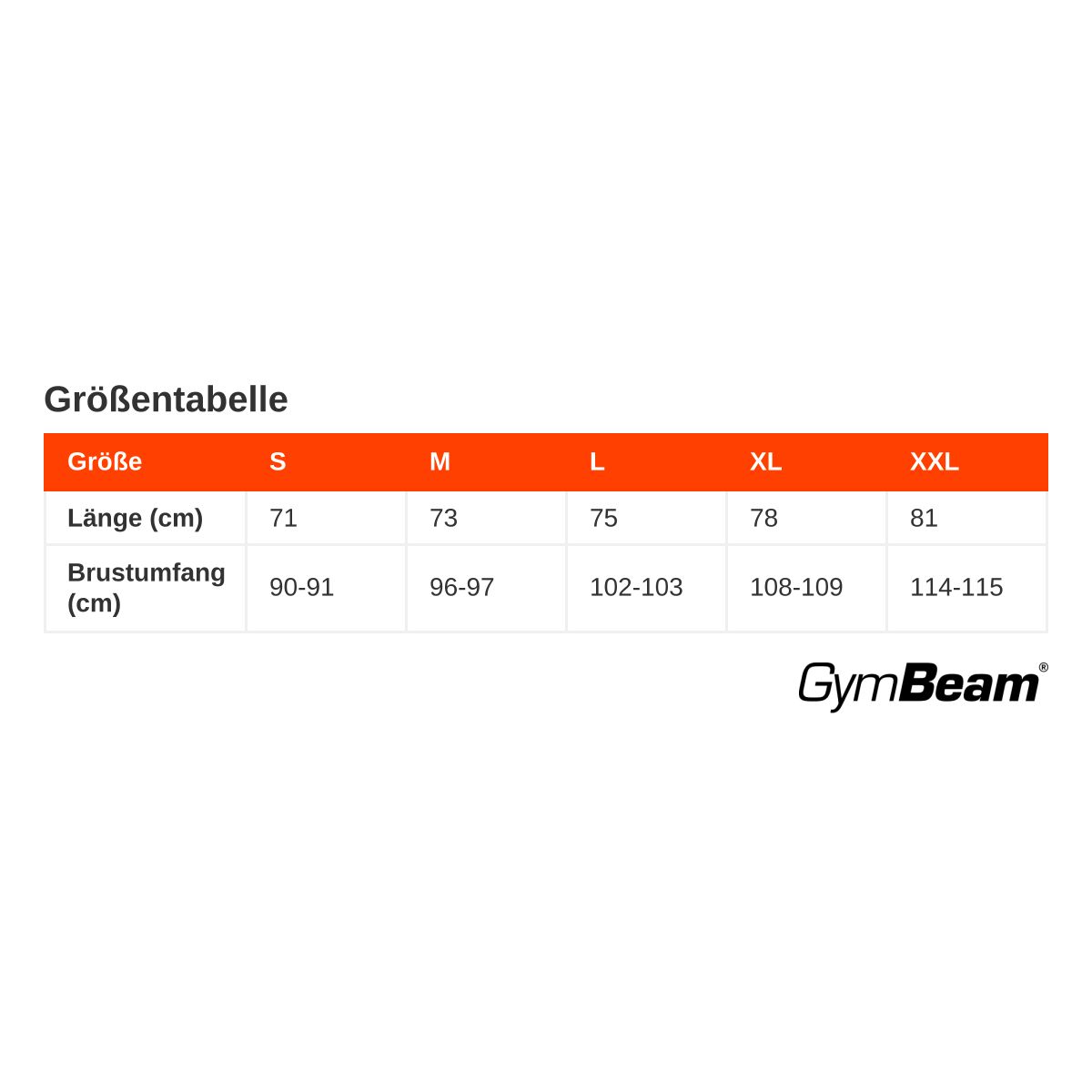 Größentabelle für Kleidung mit Längen- und Brustumfangangaben in cm für Größen S bis XXL.