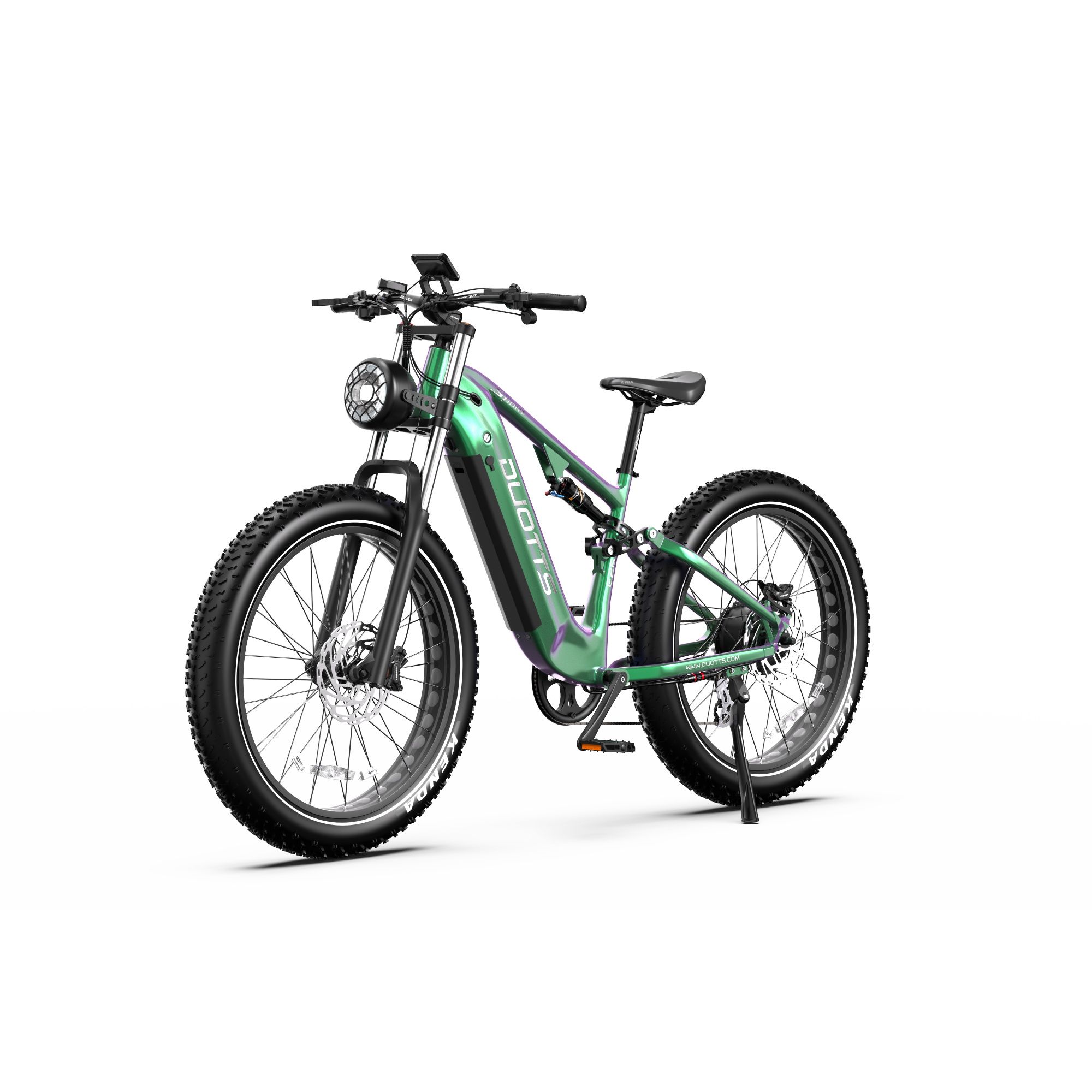 Grünes Elektro-Mountainbike. Schwarze Reifen mit KENDA-Schriftzug. DUOTTS-Logo am Rahmen. Scheinwerfer.
