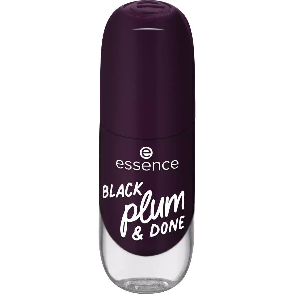 Nagellackflasche mit dunkellila Deckel. Aufschrift: essence, BLACK plum & DONE. Transparente Basis.