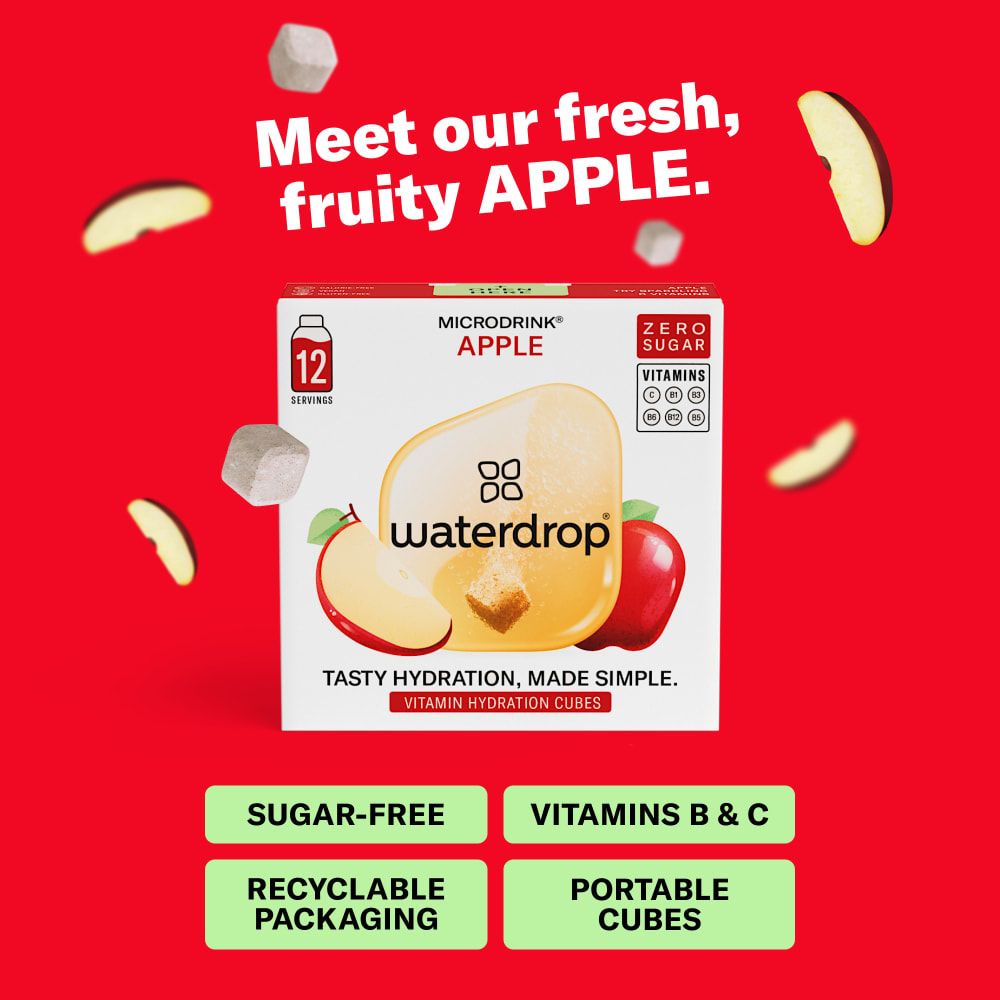 Verpackung von waterdrop® Microdrink Apfel, zuckerfrei, Vitamine B & C, recycelbar.