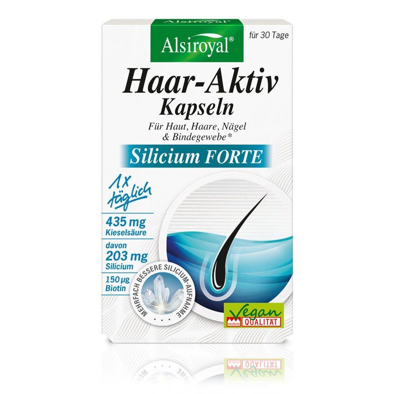 Weiße Verpackung mit "Alsiroyal Haar-Aktiv Kapseln Silicium Forte". Enthält Informationen zu Inhaltsstoffen und Vegan-Qualität.