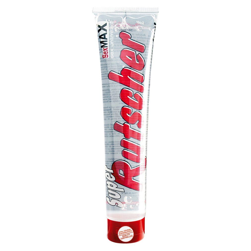 Transparent Tube mit roter Schrift „Rutscher“. Roter Verschluss. Text: „SexMax“. Produktname nicht enthalten.