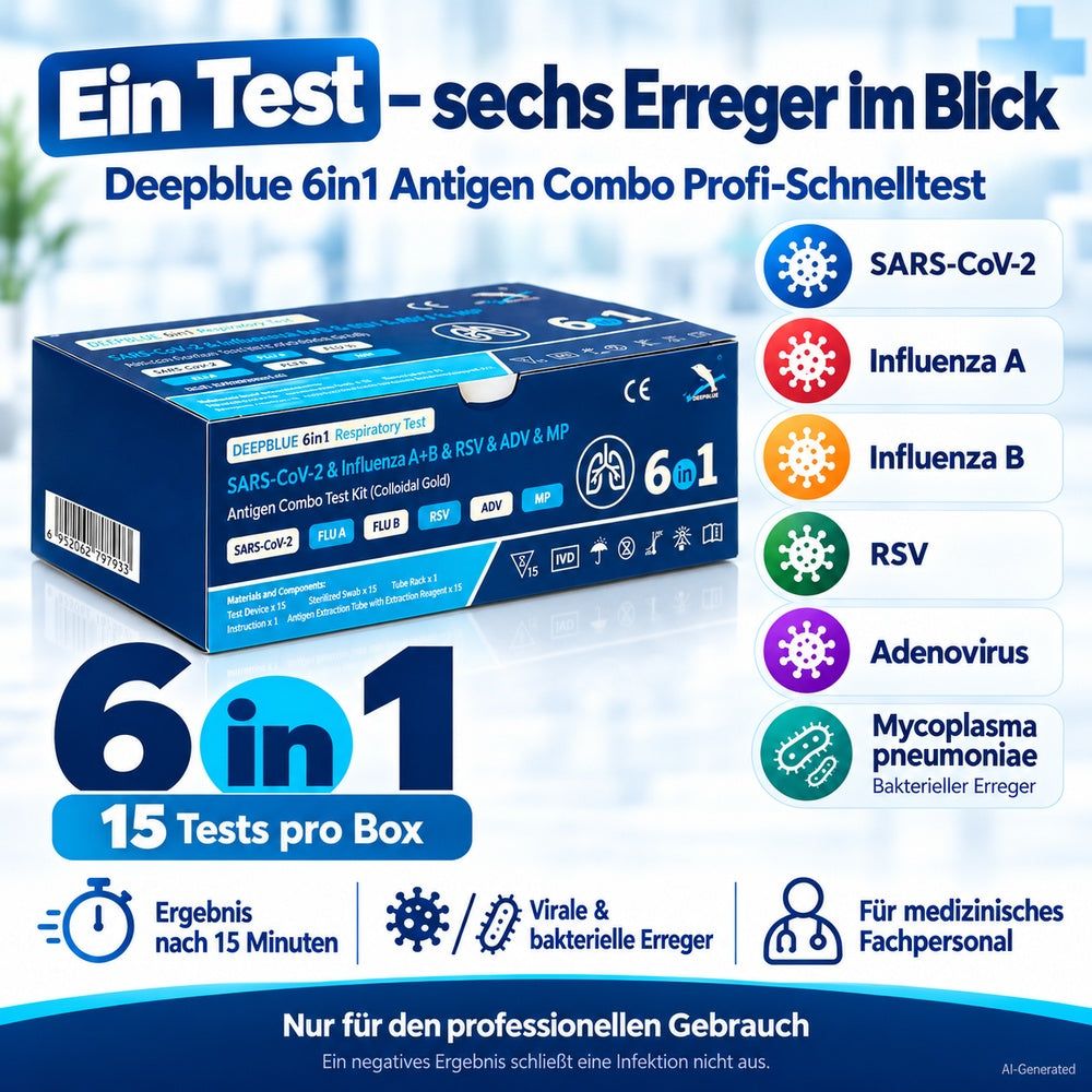 Deepblue 6in1 Antigen Combo Profi-Schnelltest für 6 Erreger (SARS-CoV-2, Influenza A/B, RSV, Adenovirus, Mycoplasma pneumoniae). 15 Tests pro Box.