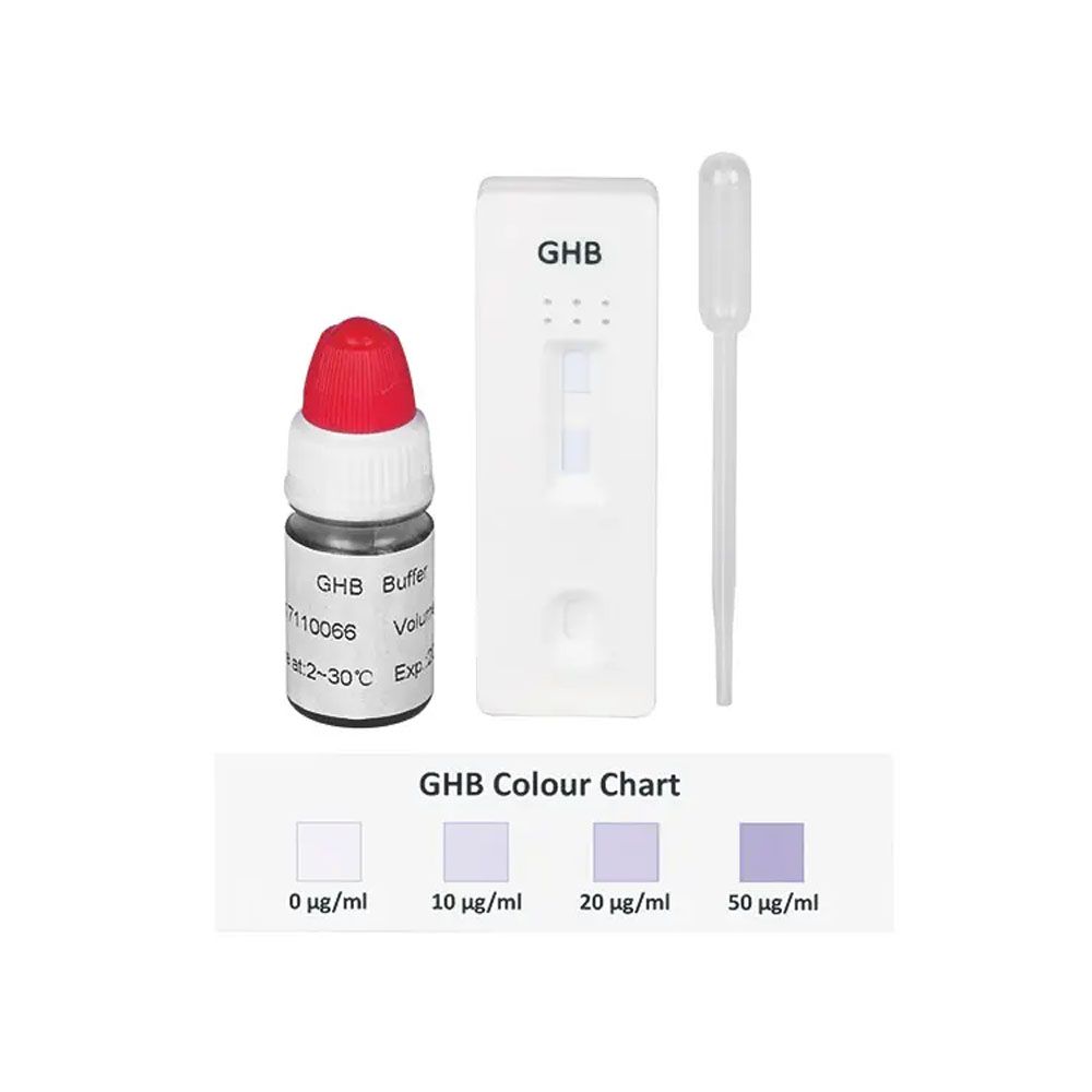 Testkit für GHB-Nachweis. Enthält Fläschchen, Teststreifen, Pipette und Farbtabelle. Beschriftung: GHB Buffer, GHB Colour Chart.