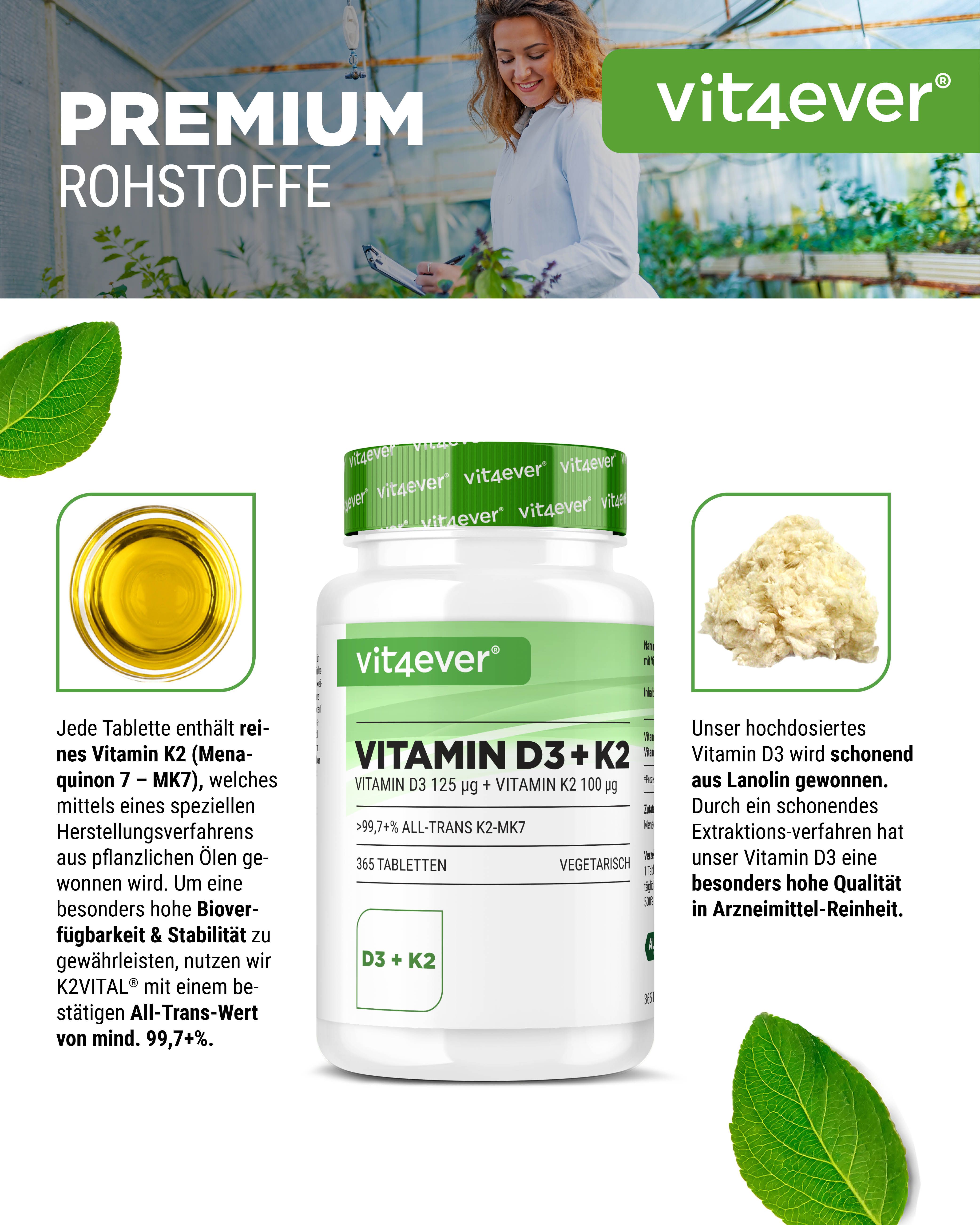 Weiße Flasche mit grünem Deckel. Aufschrift: Vitamin D3 + K2. Nebenbilder: Öl, Lanolin. Text: Premium Rohstoffe.