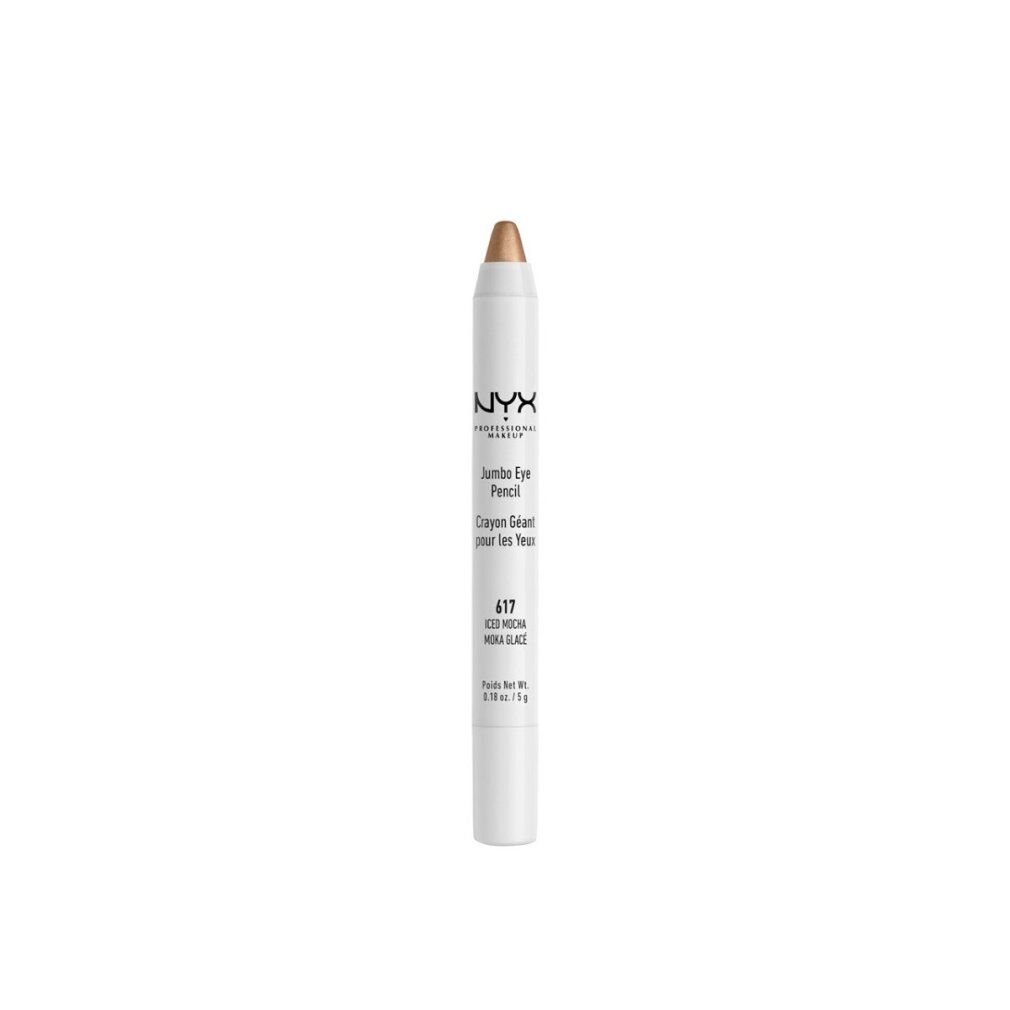 Weißer Jumbo Eye Pencil von NYX Professional Makeup. Spitze goldbraun. Text: Jumbo Eye Pencil, 617 Iced Mocha, 0.18 oz / 5 g.