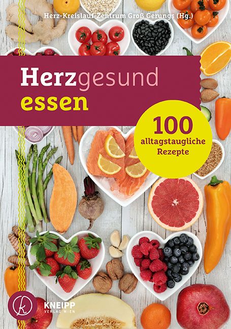 Buchcover mit dem Titel "Herzgesund essen". Auf dem Cover sind verschiedene Lebensmittel wie Obst und Gemüse abgebildet.