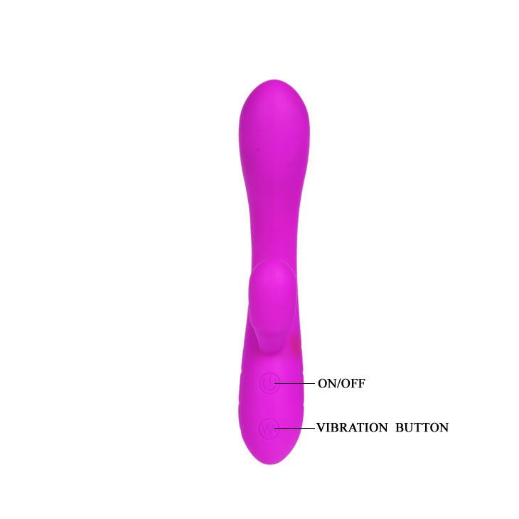 Lila Vibrator mit gebogener Form und Klitoristimulator. Beschriftung: ON/OFF und Vibration Button. Aus Silikon.