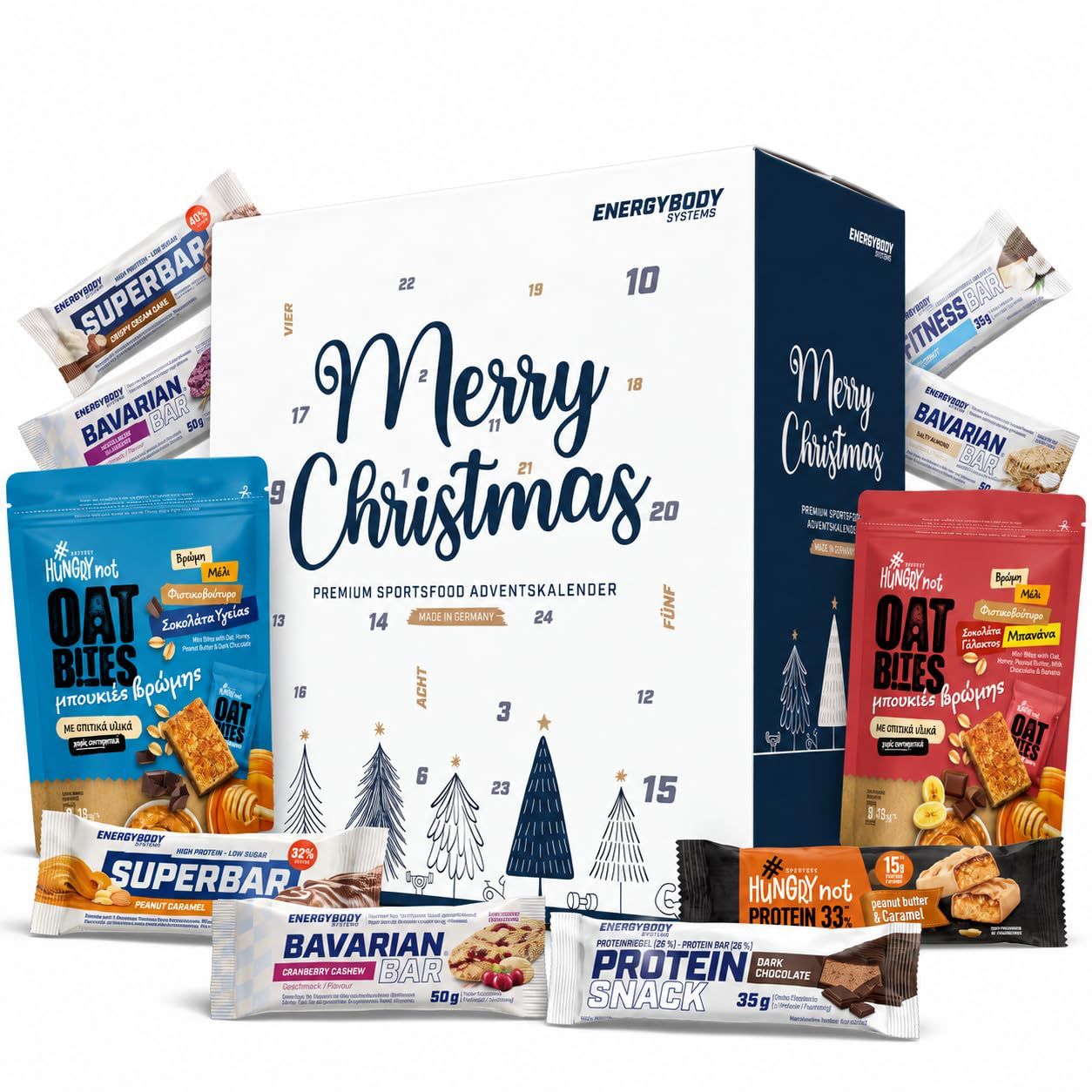 Adventskalender mit verschiedenen Protein- und Oat Bars, umgeben von Weihnachtsdekoration.